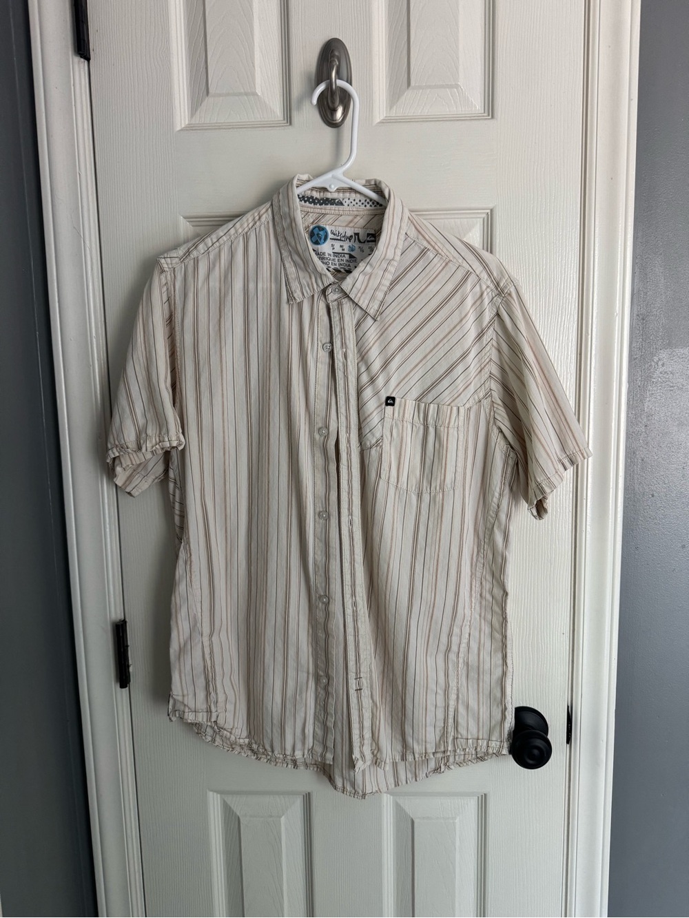 Quiksilver Beige and Tan Striped Short-Sleeve Button-Down Shirt